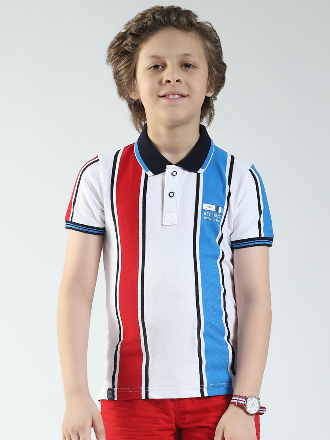 Boys White Stripe Collar Half Sleeve T-Shirt