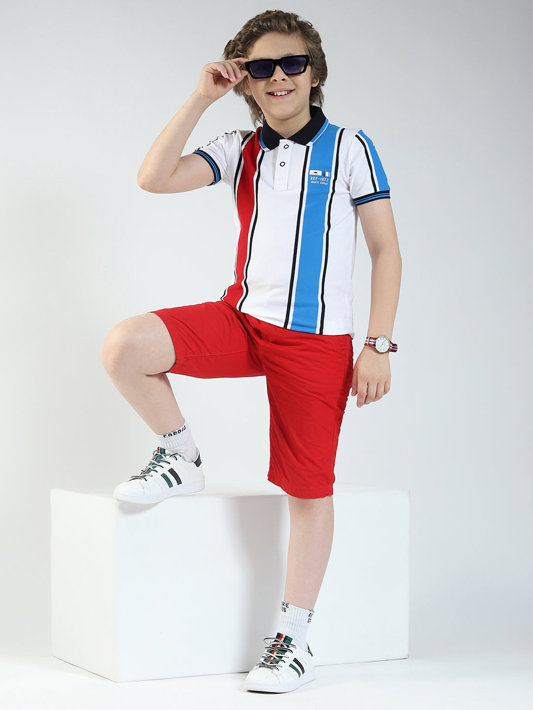 Boys White Stripe Collar Half Sleeve T-Shirt