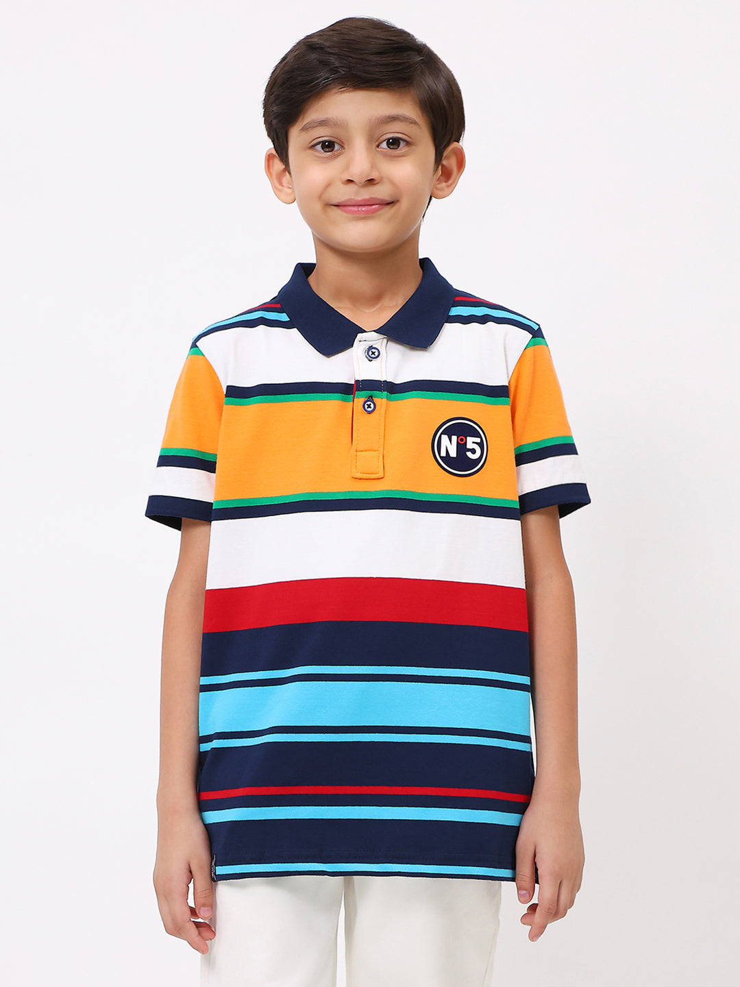 Boys Yellow & Blue Stripe Collar Half Sleeve T-Shirt