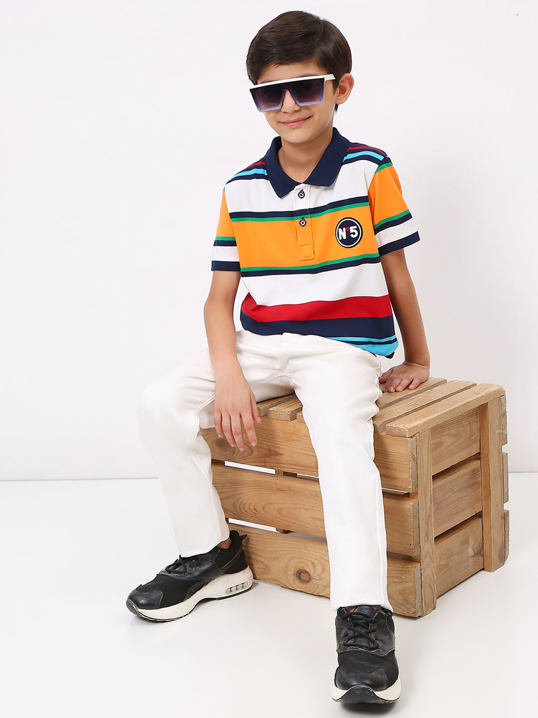 Boys Yellow & Blue Stripe Collar Half Sleeve T-Shirt