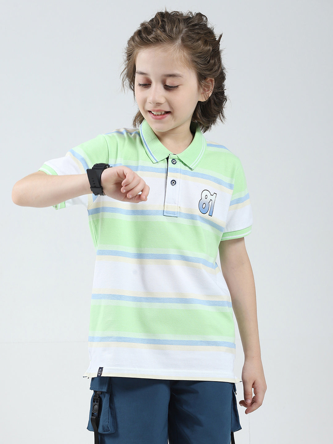Boys Green Stripe Collar Half Sleeve T-Shirt