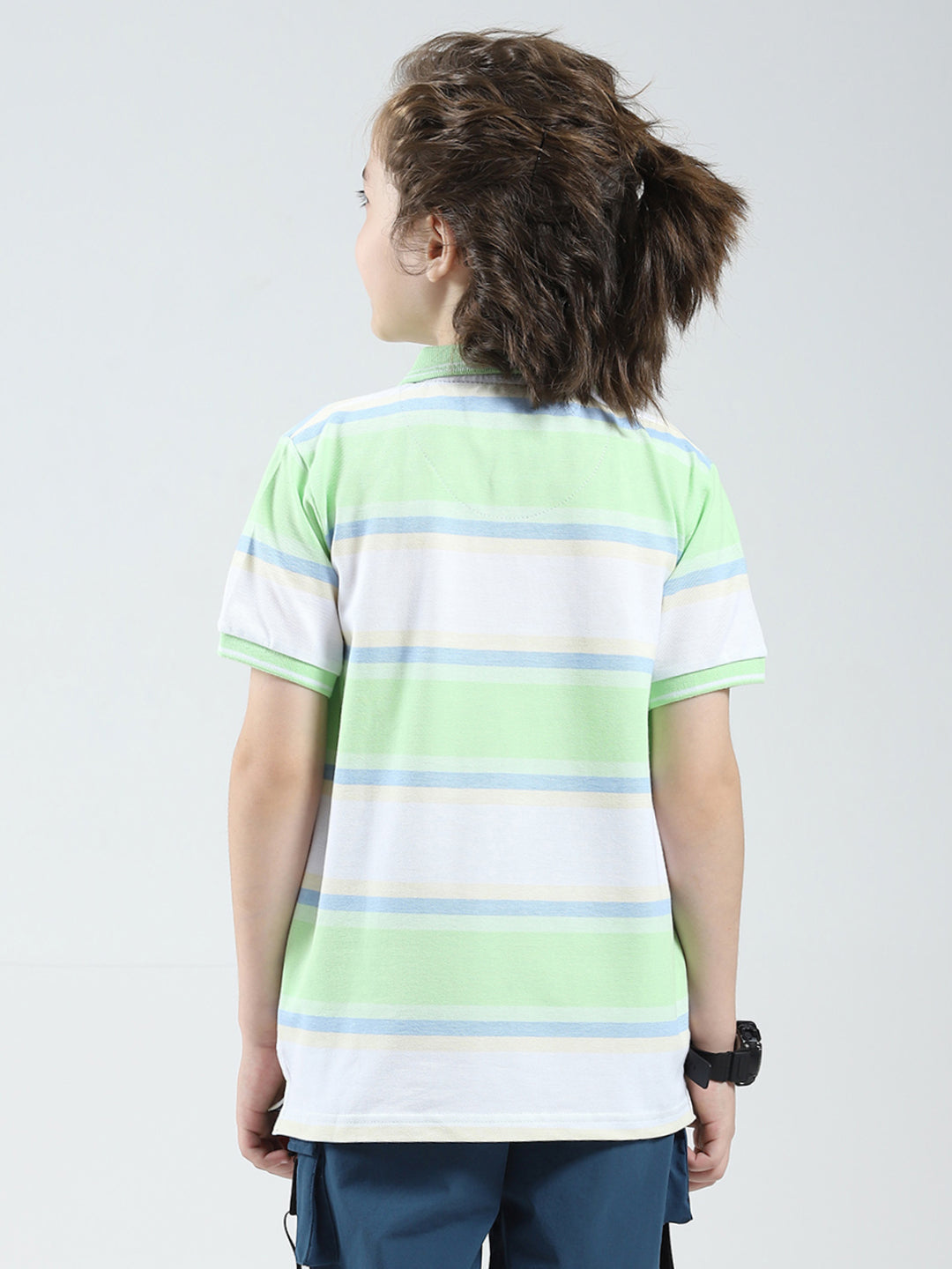Boys Green Stripe Collar Half Sleeve T-Shirt