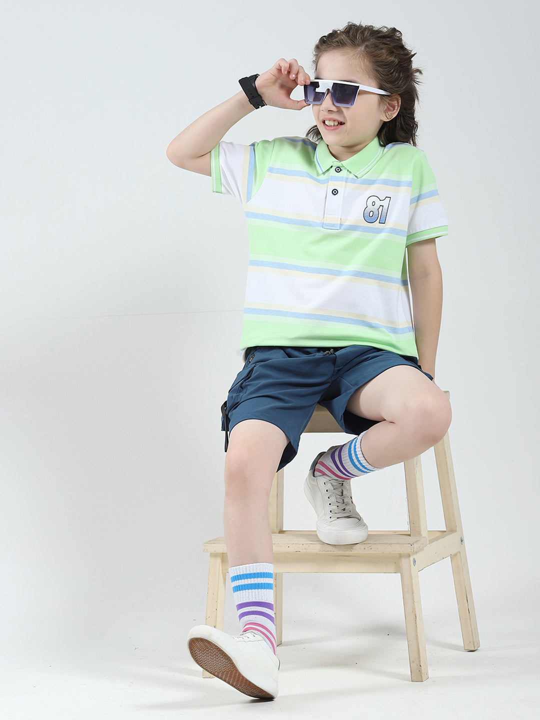 Boys Green Stripe Collar Half Sleeve T-Shirt