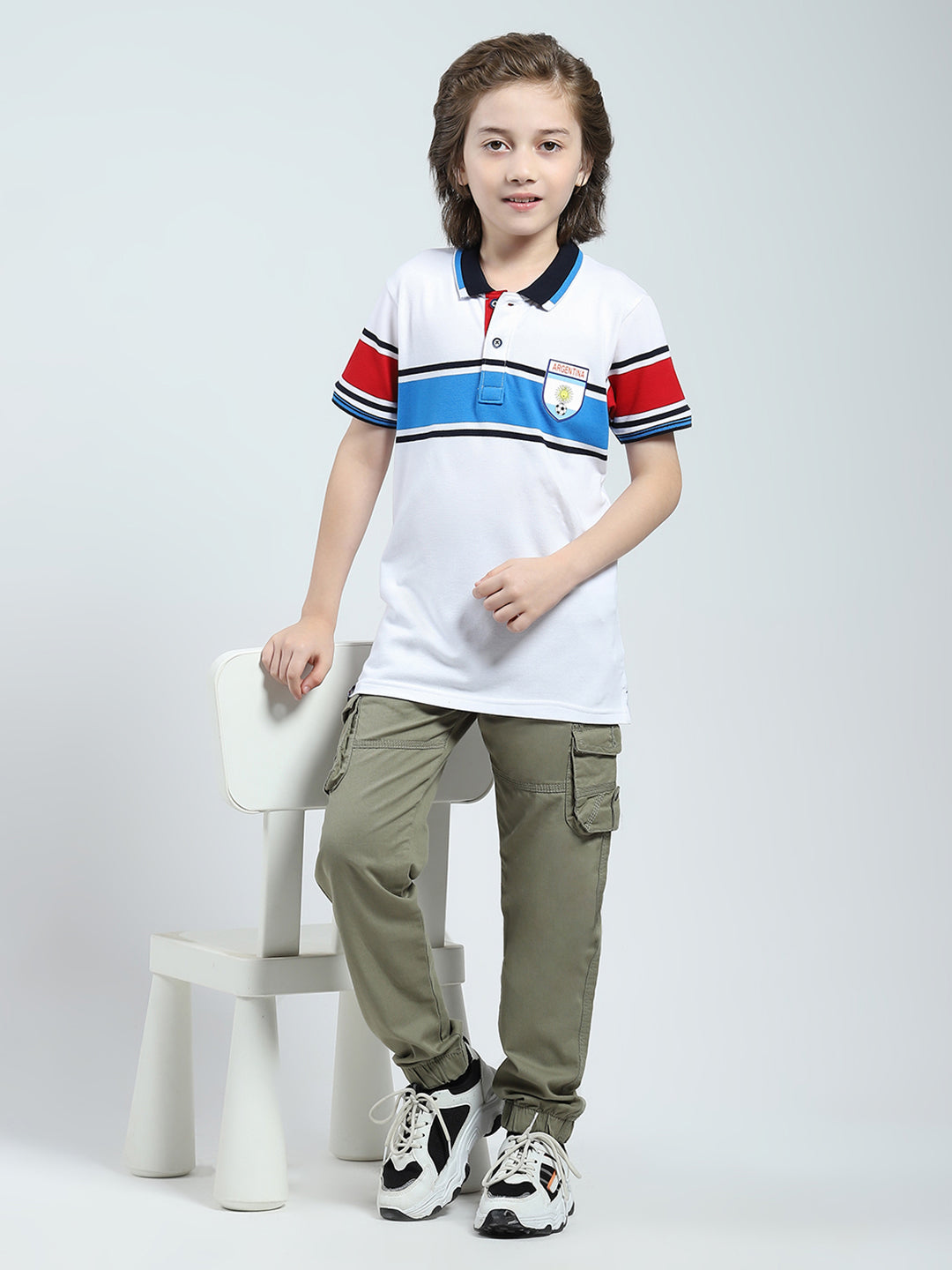 Boys White Stripe Collar Half Sleeve T-Shirt