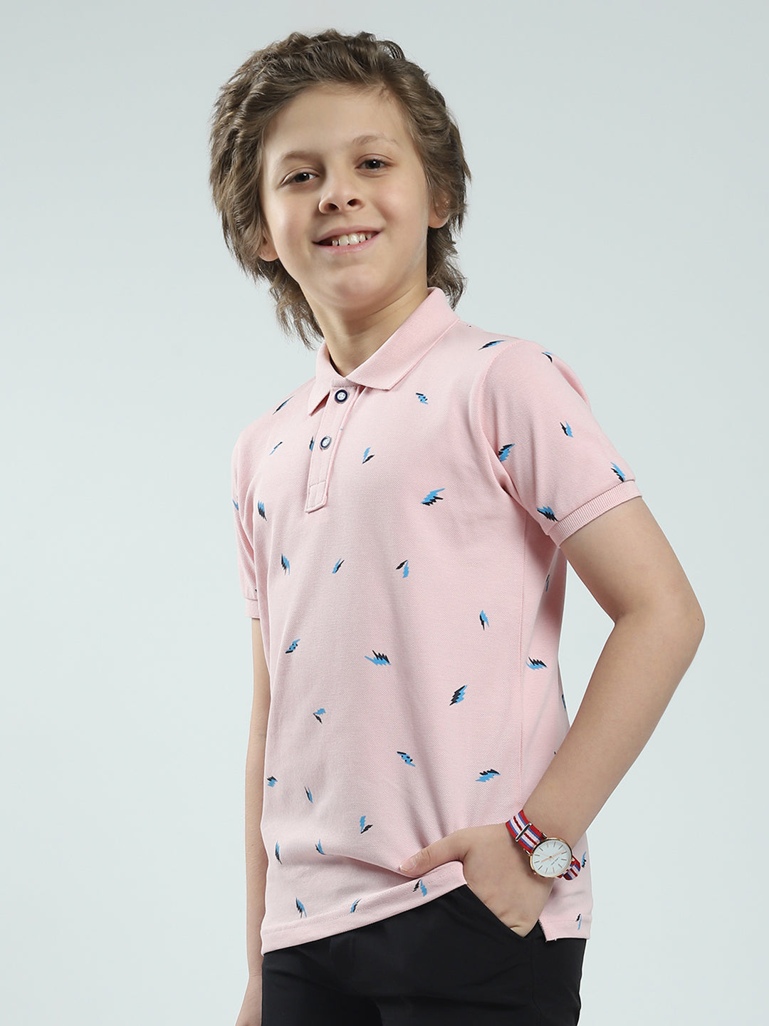 Boys Pink Printed Collar Half Sleeve T-Shirt