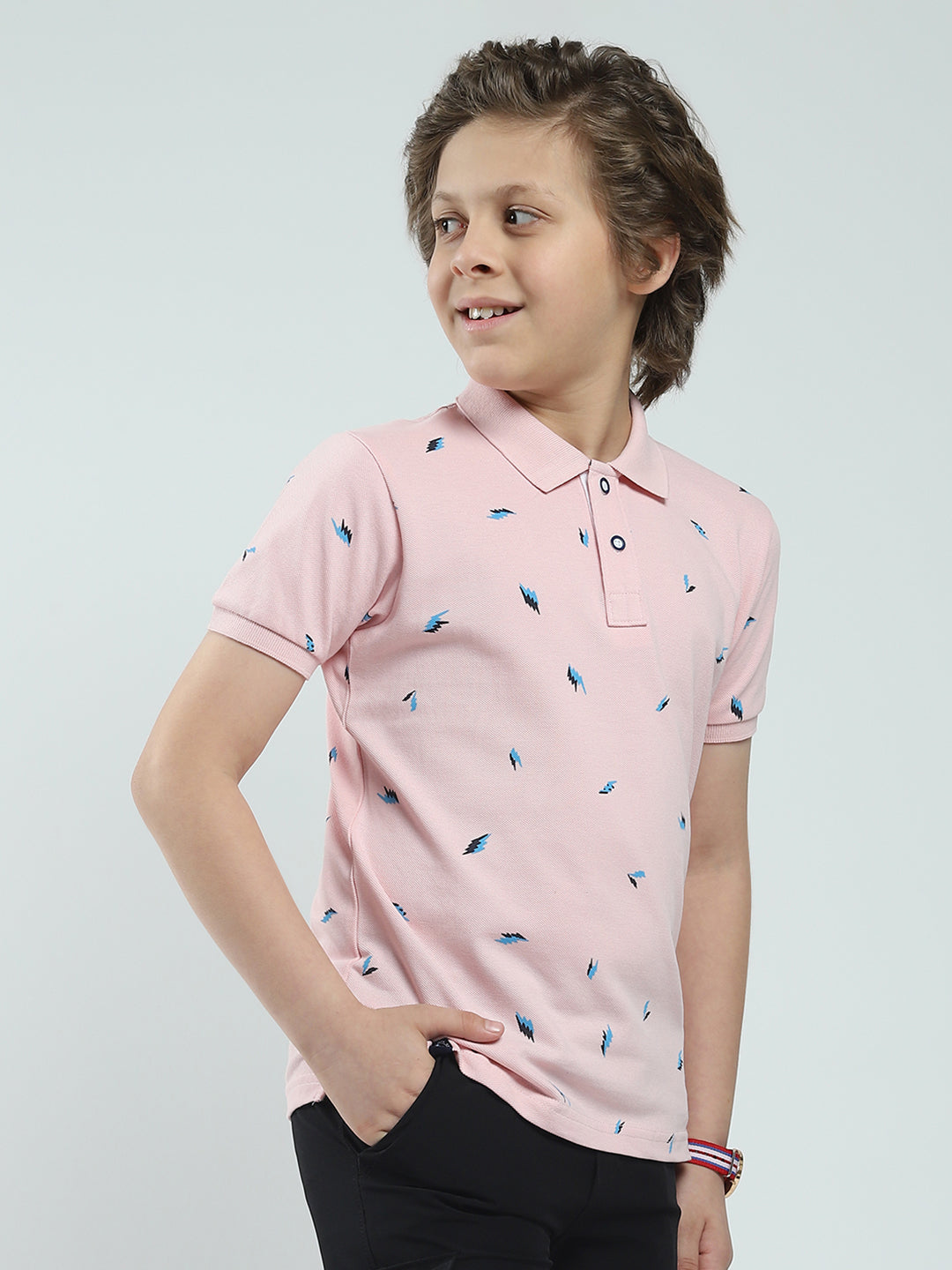 Boys Pink Printed Collar Half Sleeve T-Shirt