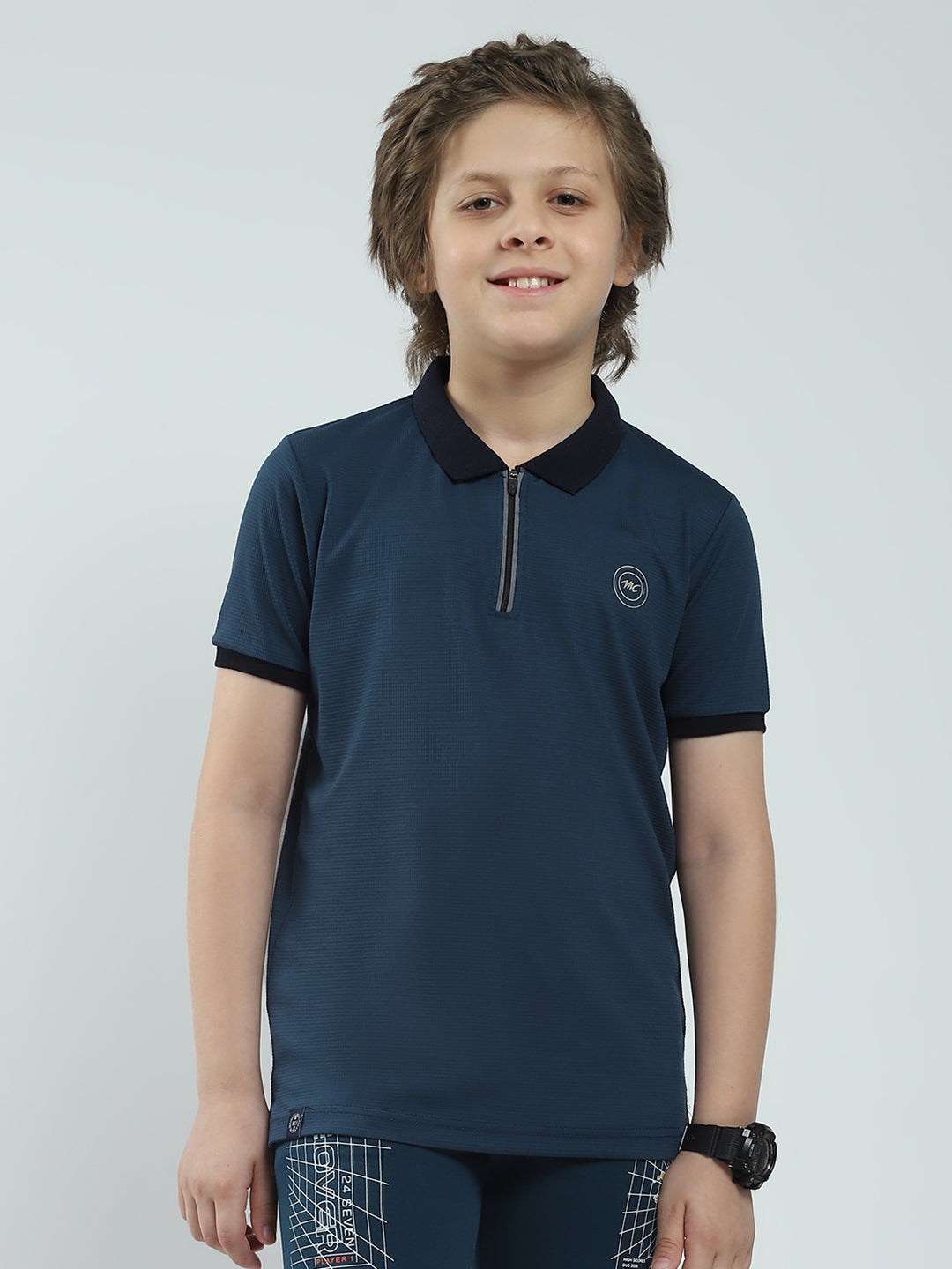 Boys Teal Blue Solid Collar Half Sleeve T-Shirt