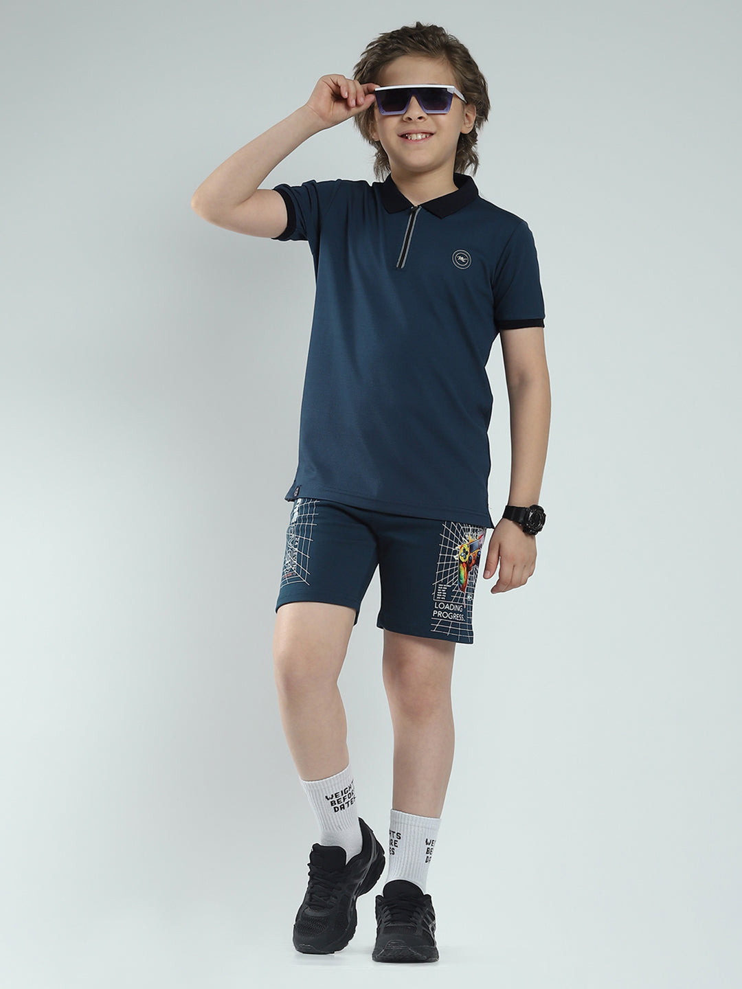 Boys Teal Blue Solid Collar Half Sleeve T-Shirt