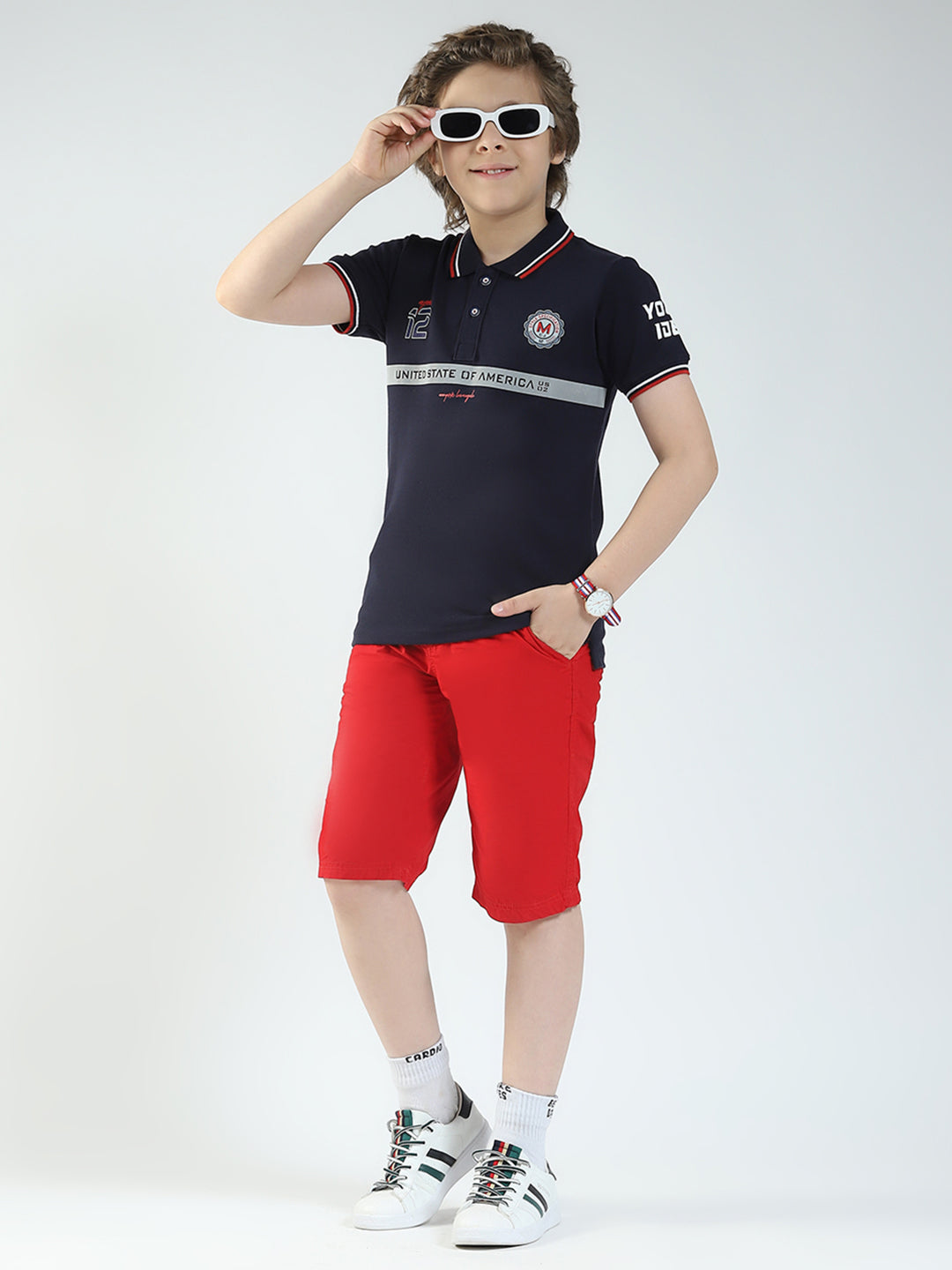 Boys Navy Blue Printed Collar Half Sleeve T-Shirt