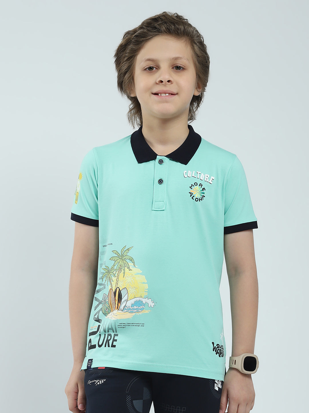 Boys Green Printed Collar Half Sleeve T-Shirt
