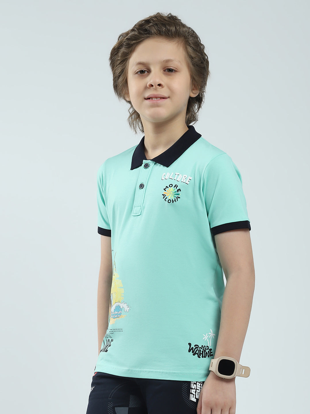 Boys Green Printed Collar Half Sleeve T-Shirt