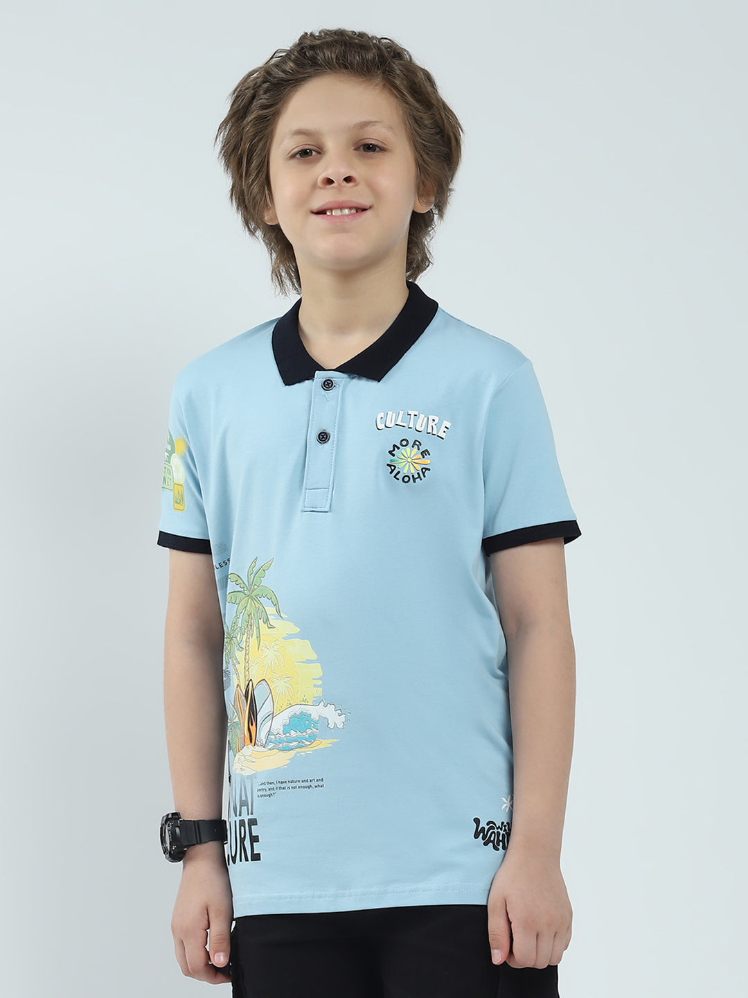 Boys Blue Printed Collar Half Sleeve T-Shirt