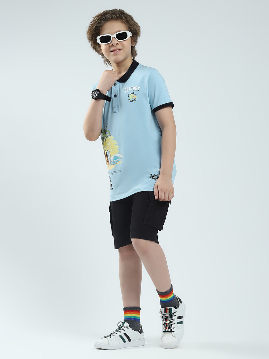 Boys Blue Printed Collar Half Sleeve T-Shirt
