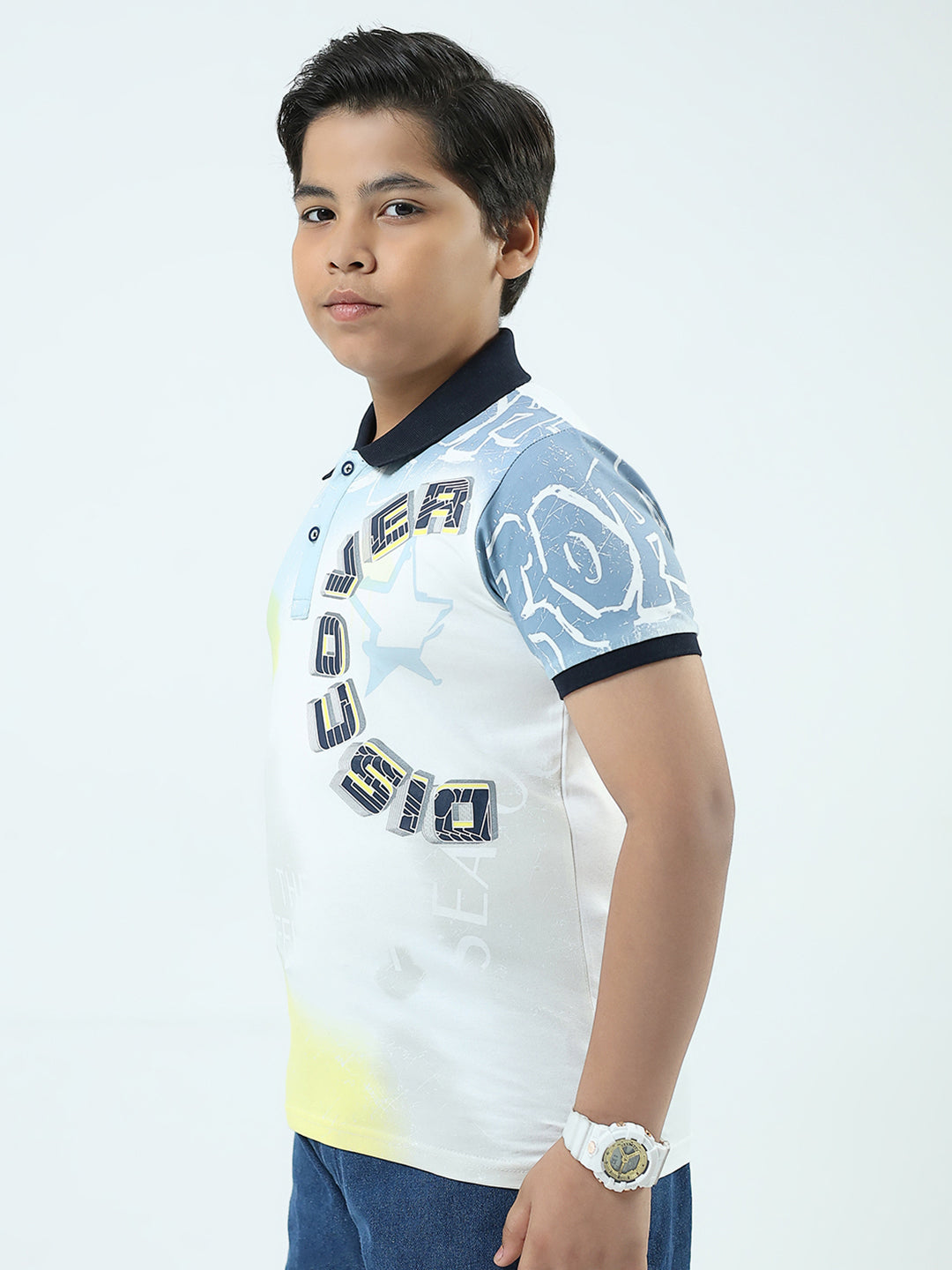 Boys White Printed Collar Half Sleeve T-Shirt