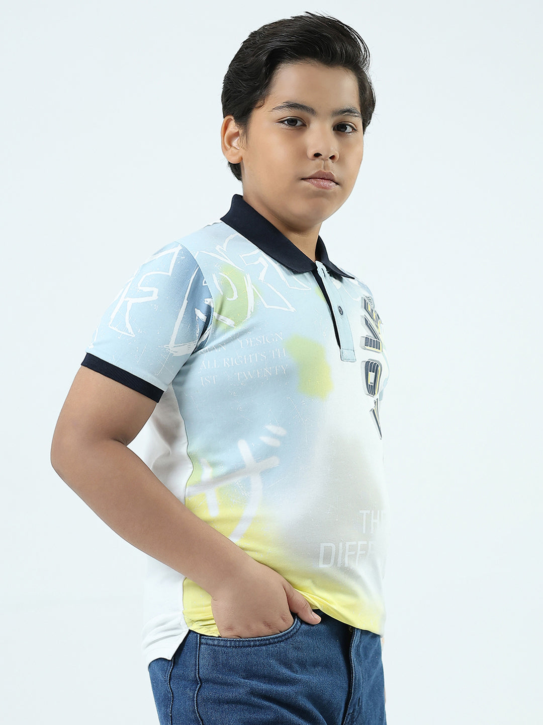 Boys White Printed Collar Half Sleeve T-Shirt