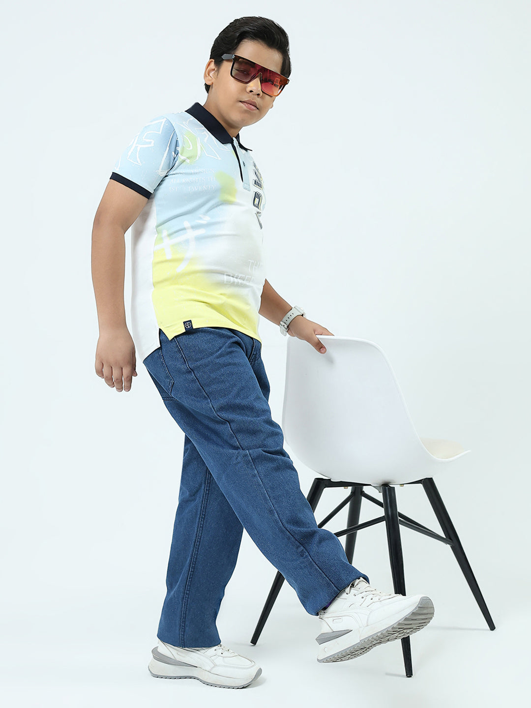 Boys White Printed Collar Half Sleeve T-Shirt