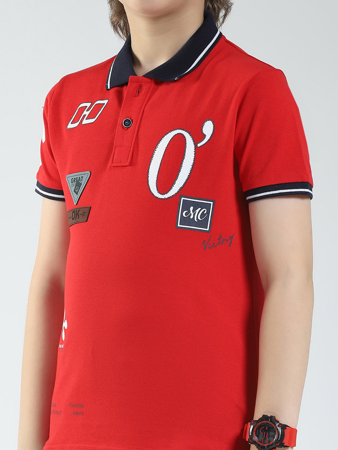 Boys Red Printed Collar Half Sleeve T-Shirt