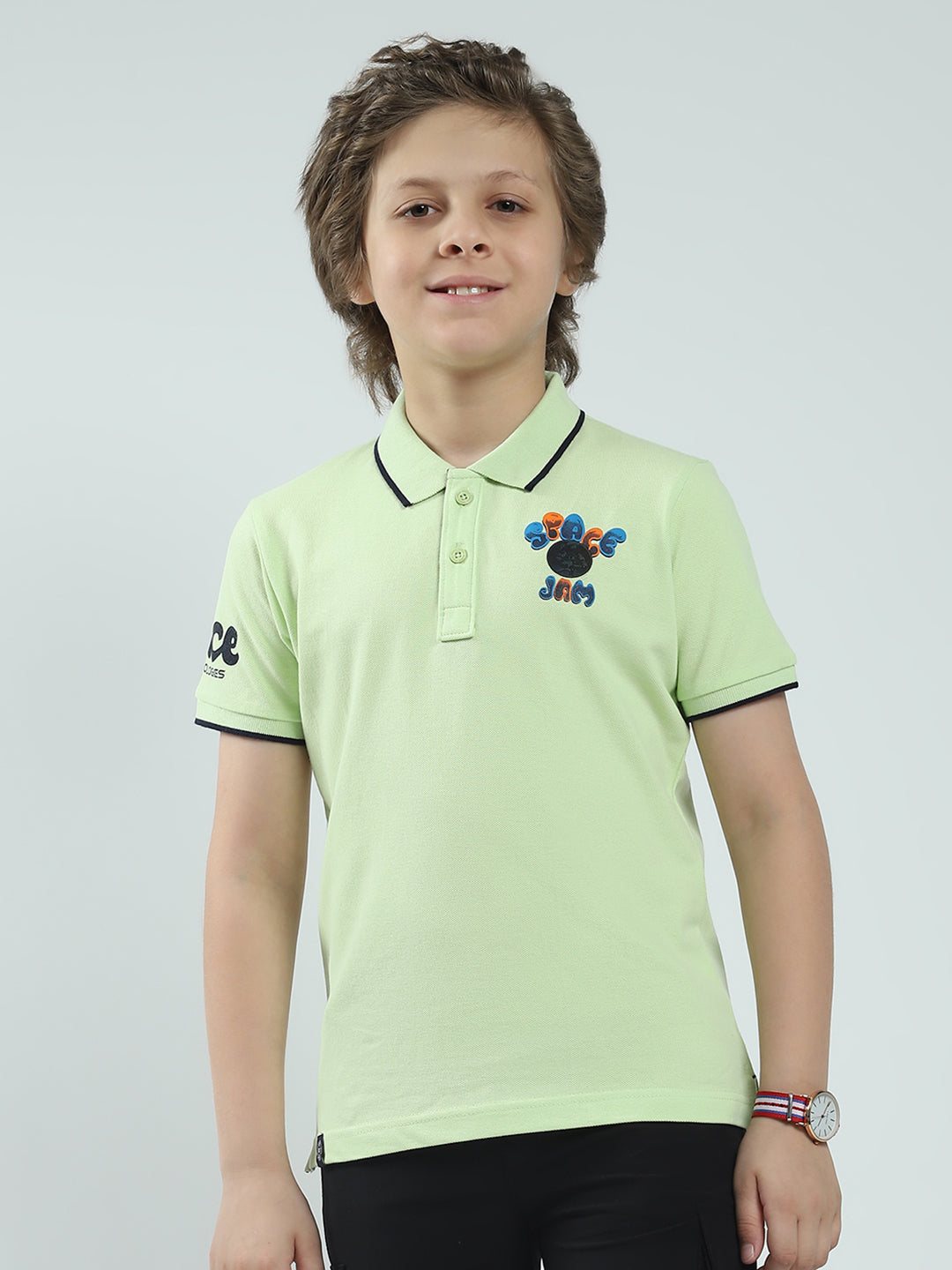 Boys Green Printed Collar Half Sleeve T-Shirt