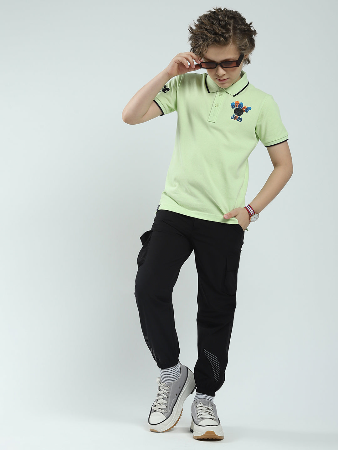 Boys Green Printed Collar Half Sleeve T-Shirt