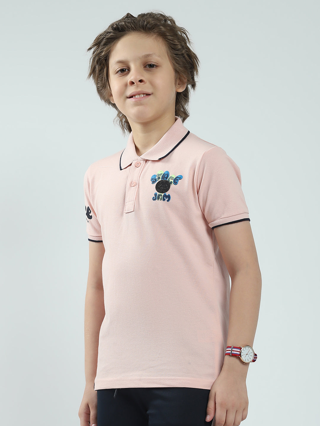 Boys Peach Printed Collar Half Sleeve T-Shirt