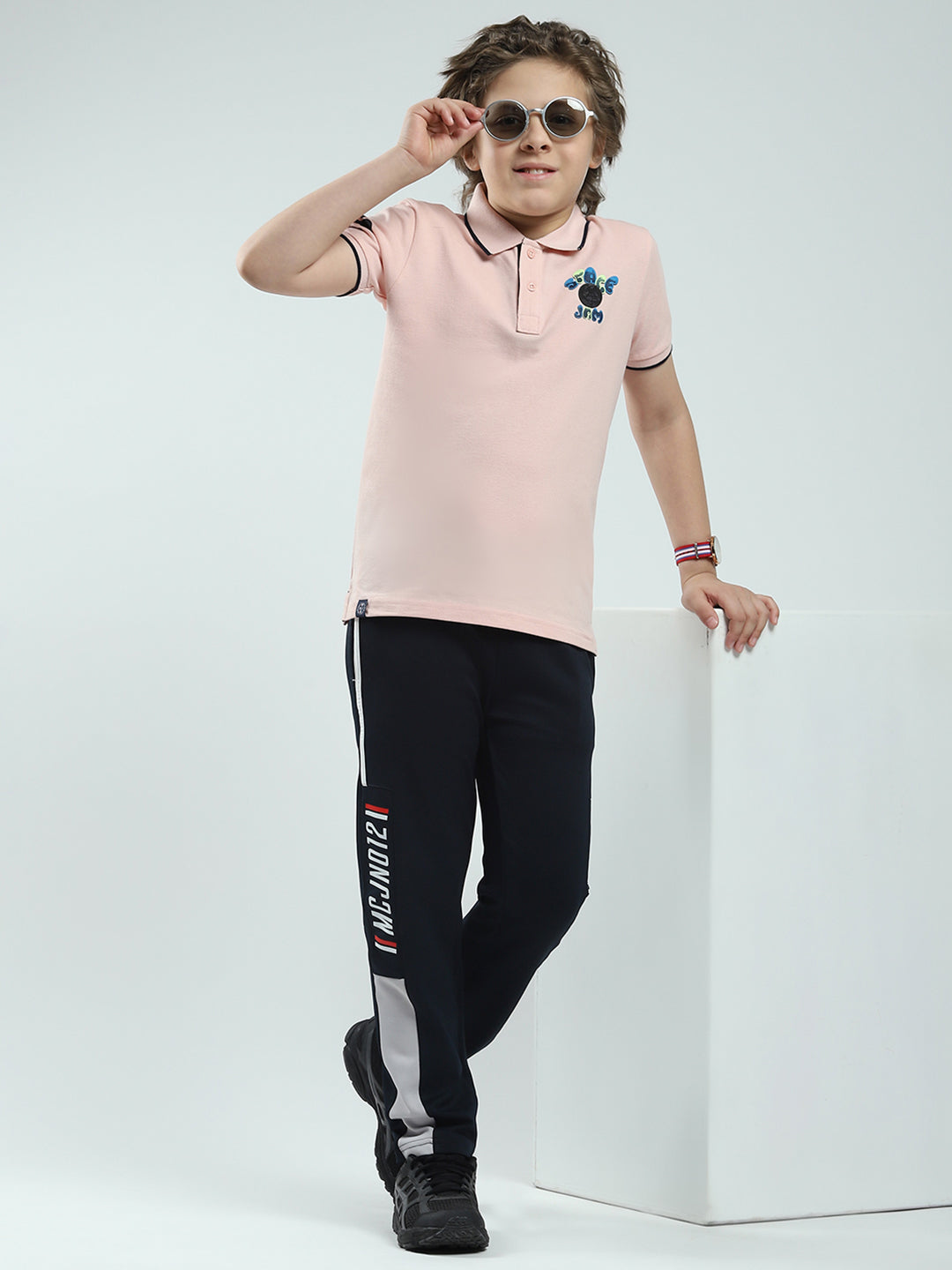 Boys Peach Printed Collar Half Sleeve T-Shirt