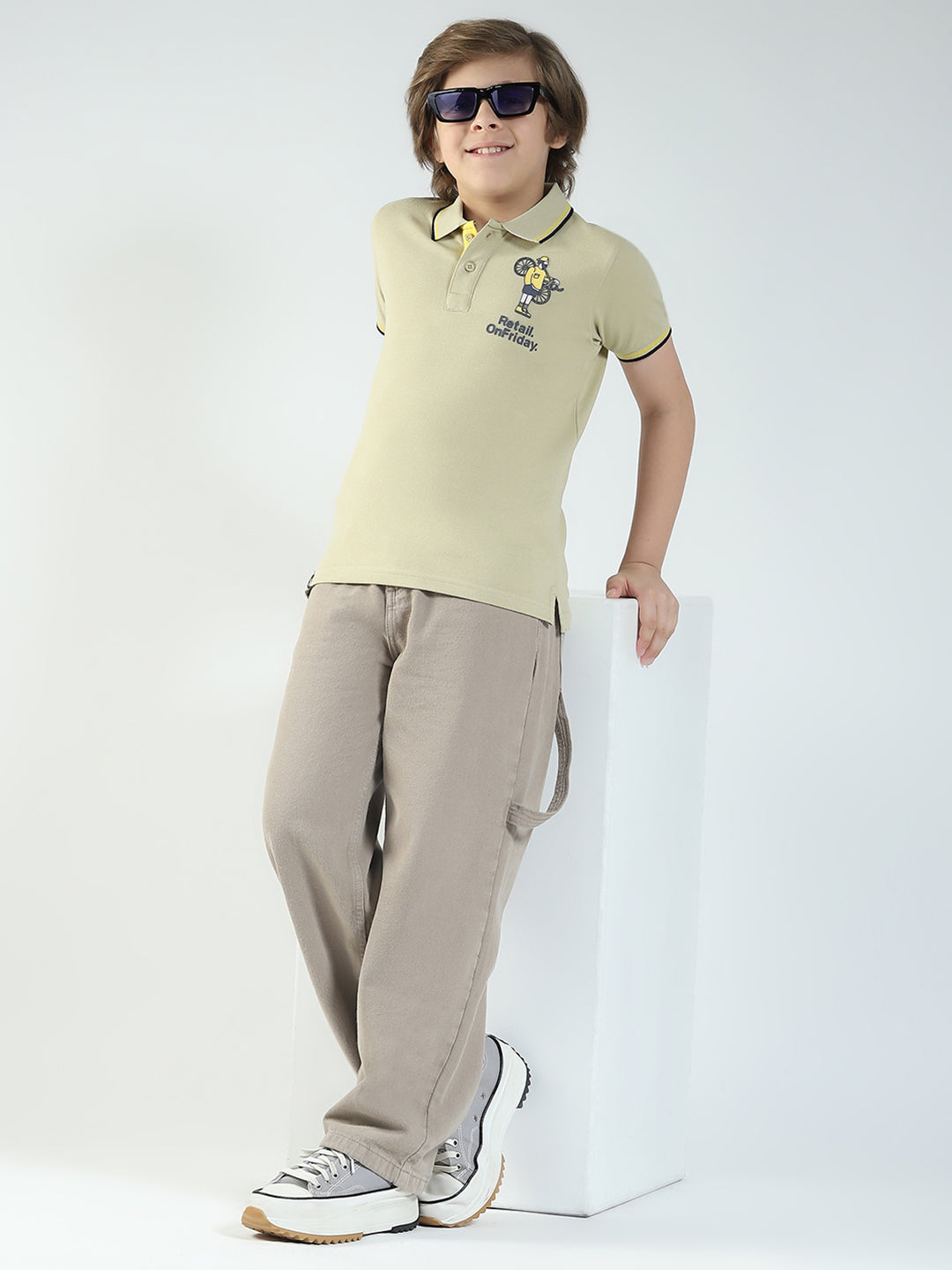Boys Beige Printed Collar Half Sleeve T-Shirt