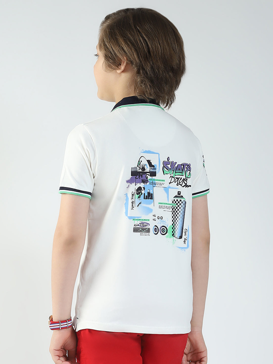 Boys Off White Printed Collar Half Sleeve T-Shirt