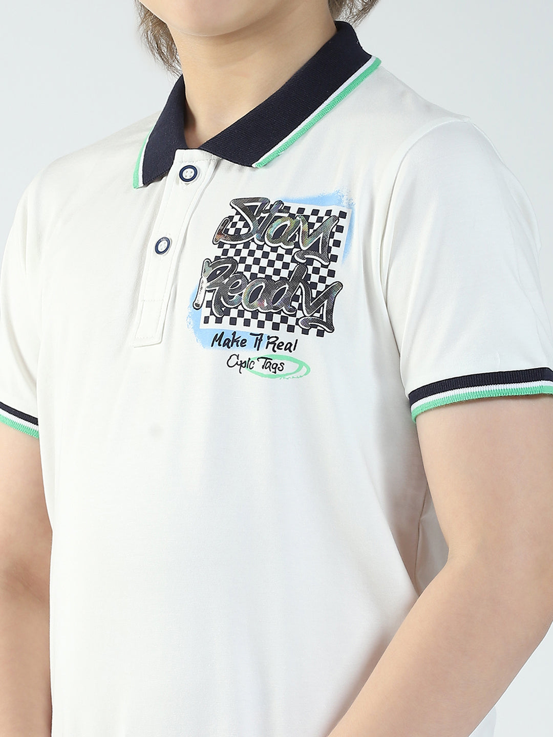 Boys Off White Printed Collar Half Sleeve T-Shirt