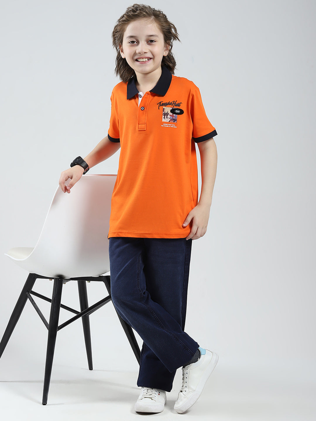 Boys Orange Printed Collar Half Sleeve T-Shirt