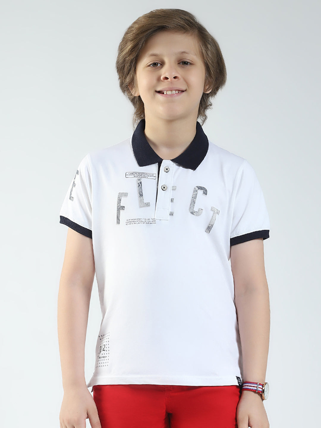 Boys White Printed Collar Half Sleeve T-Shirt