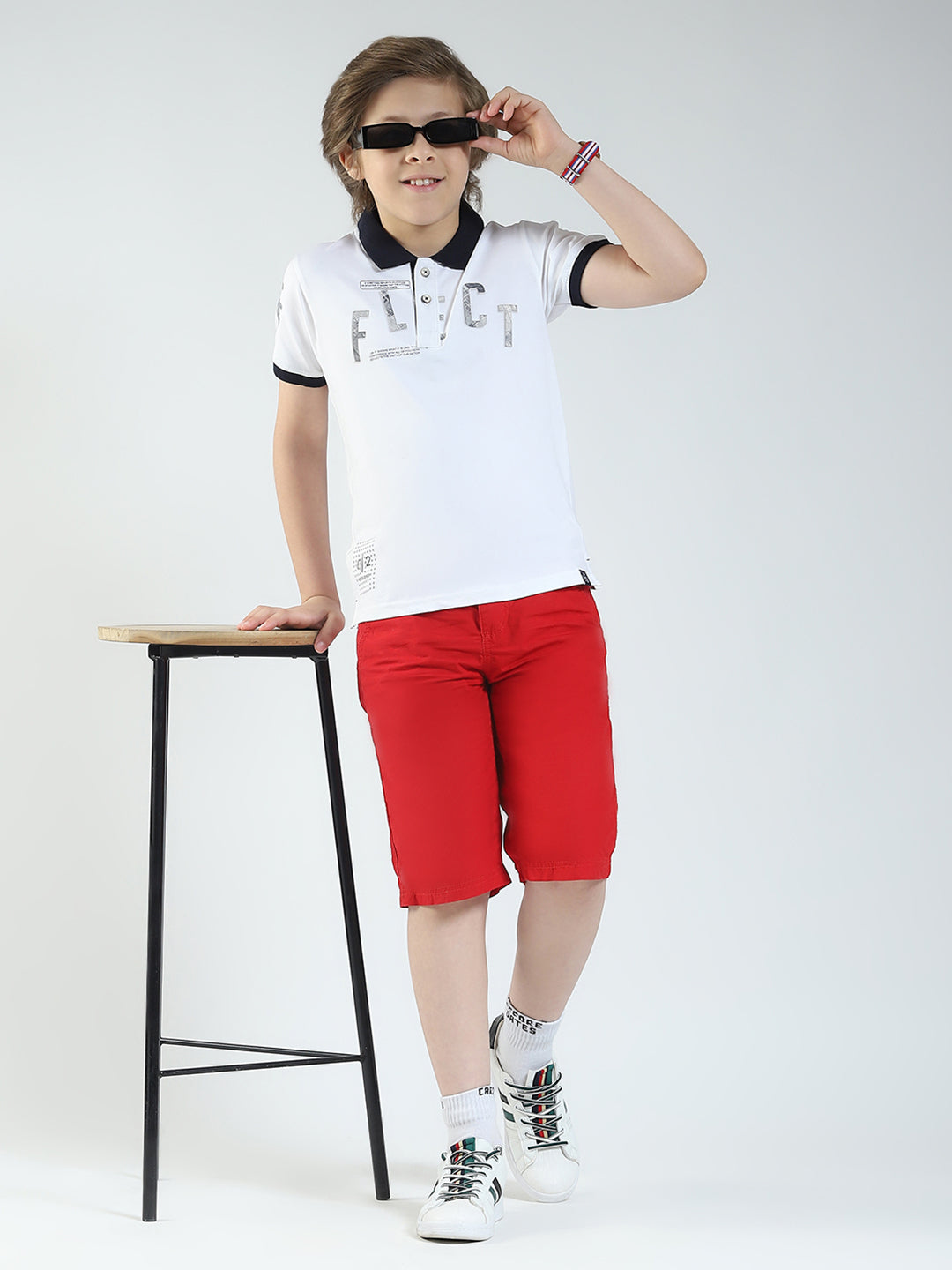 Boys White Printed Collar Half Sleeve T-Shirt