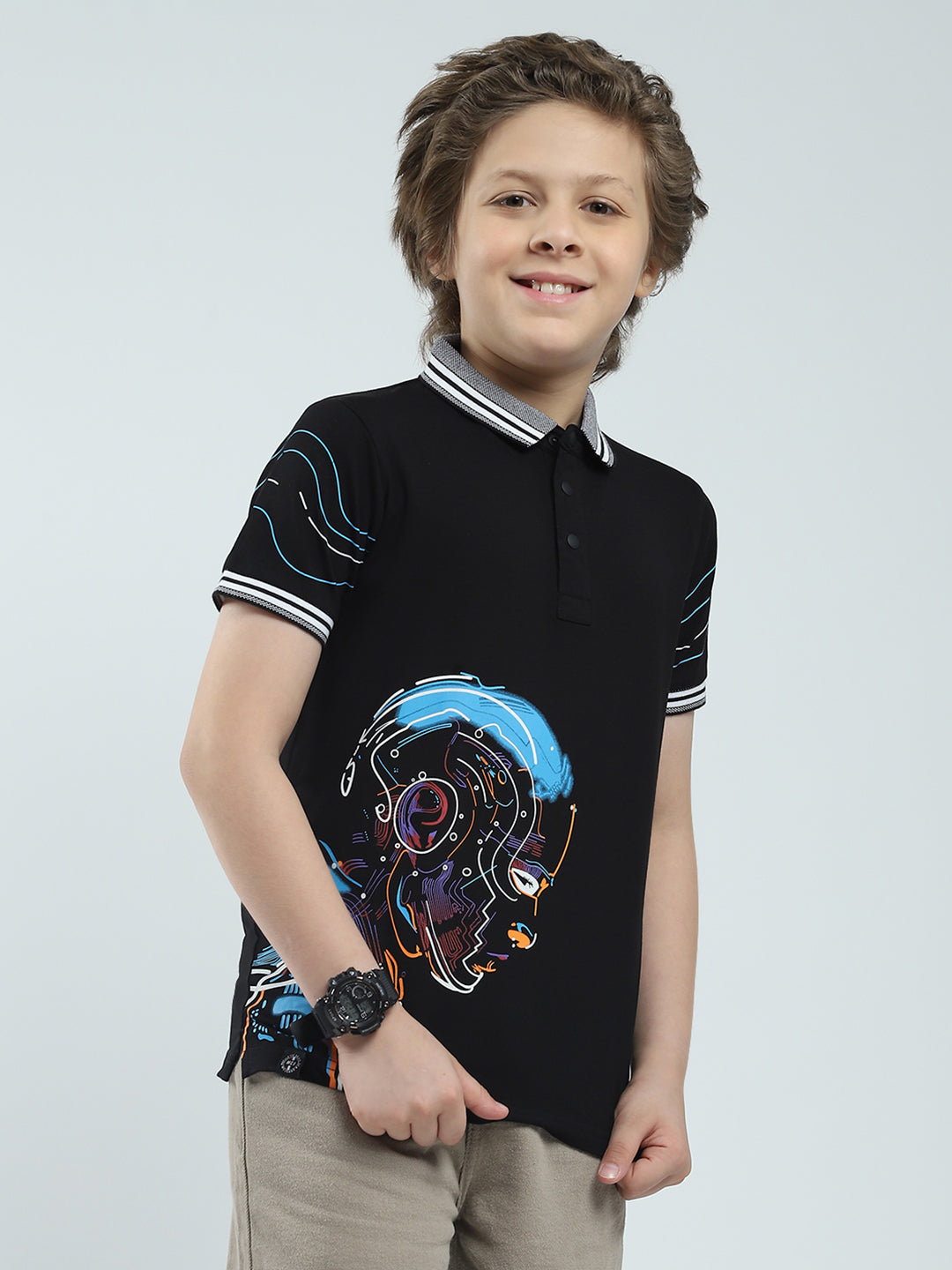 Boys Black Printed Collar Half Sleeve T-Shirt