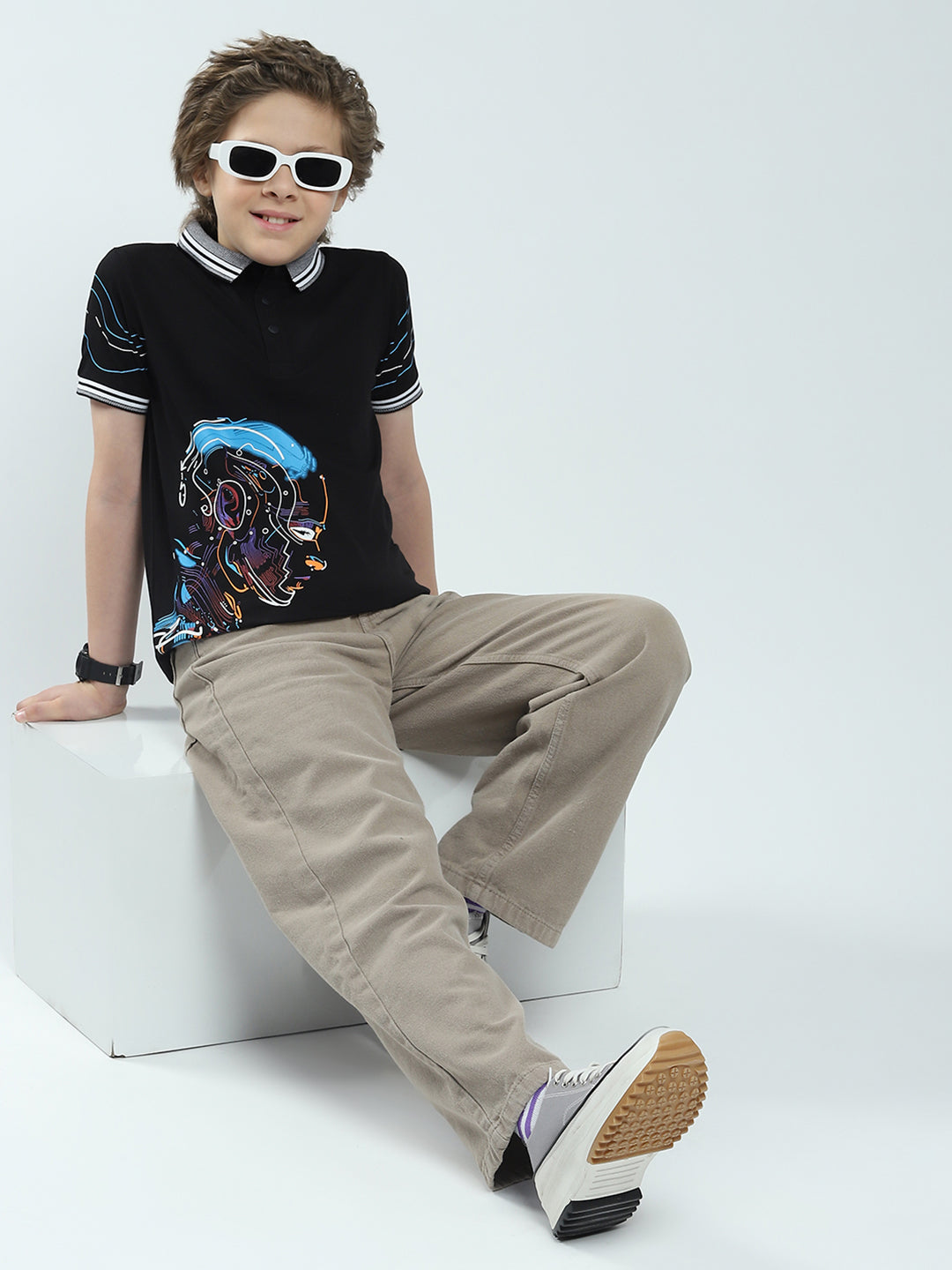 Boys Black Printed Collar Half Sleeve T-Shirt