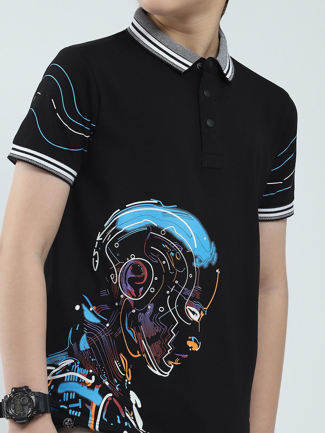 Boys Black Printed Collar Half Sleeve T-Shirt