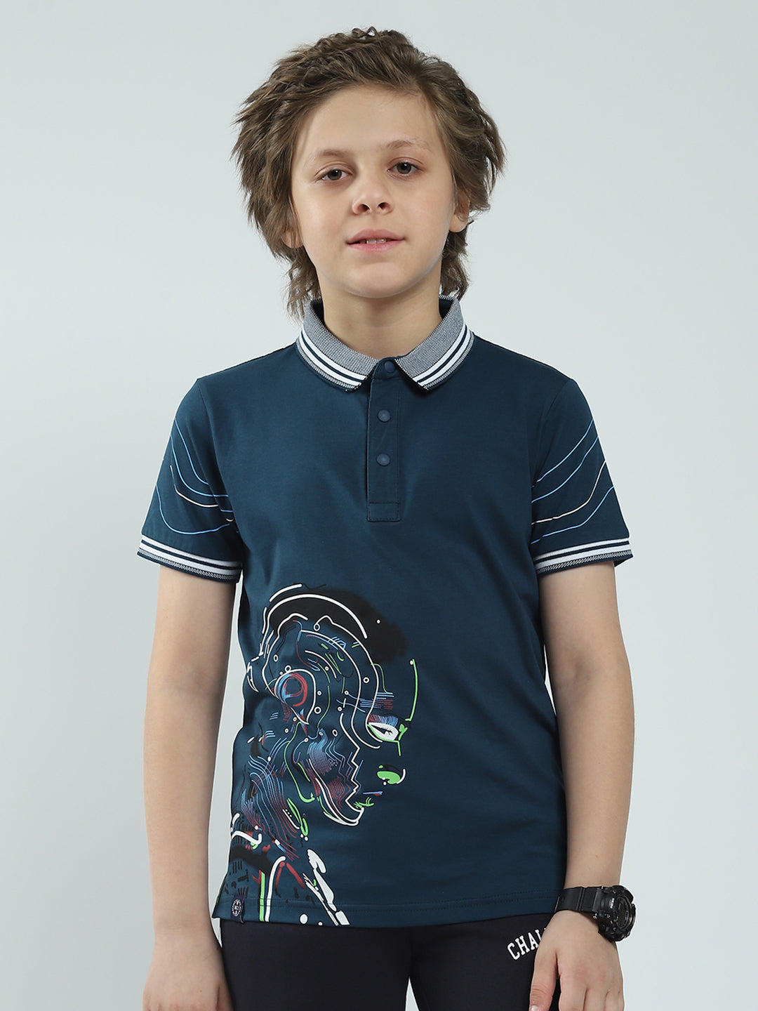 Boys Teal Blue Printed Collar Half Sleeve T-Shirt