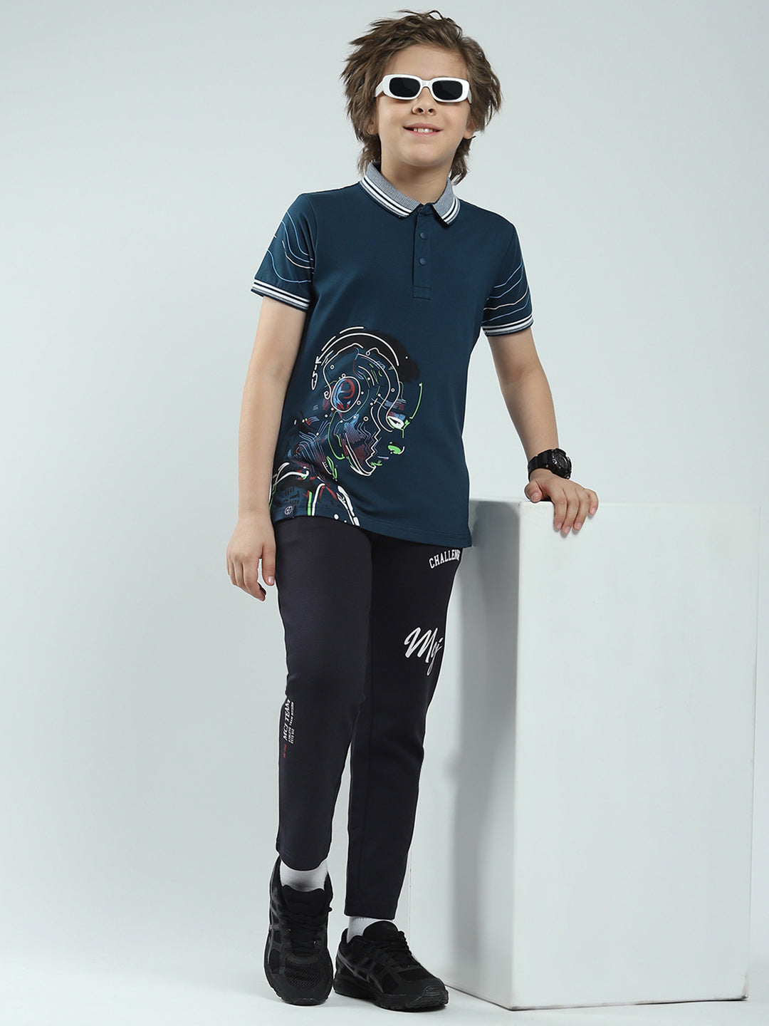 Boys Teal Blue Printed Collar Half Sleeve T-Shirt