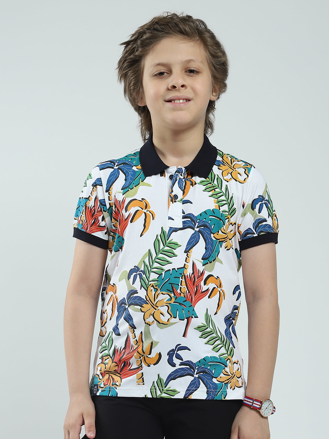 Boys White Printed Collar Half Sleeve T-Shirt