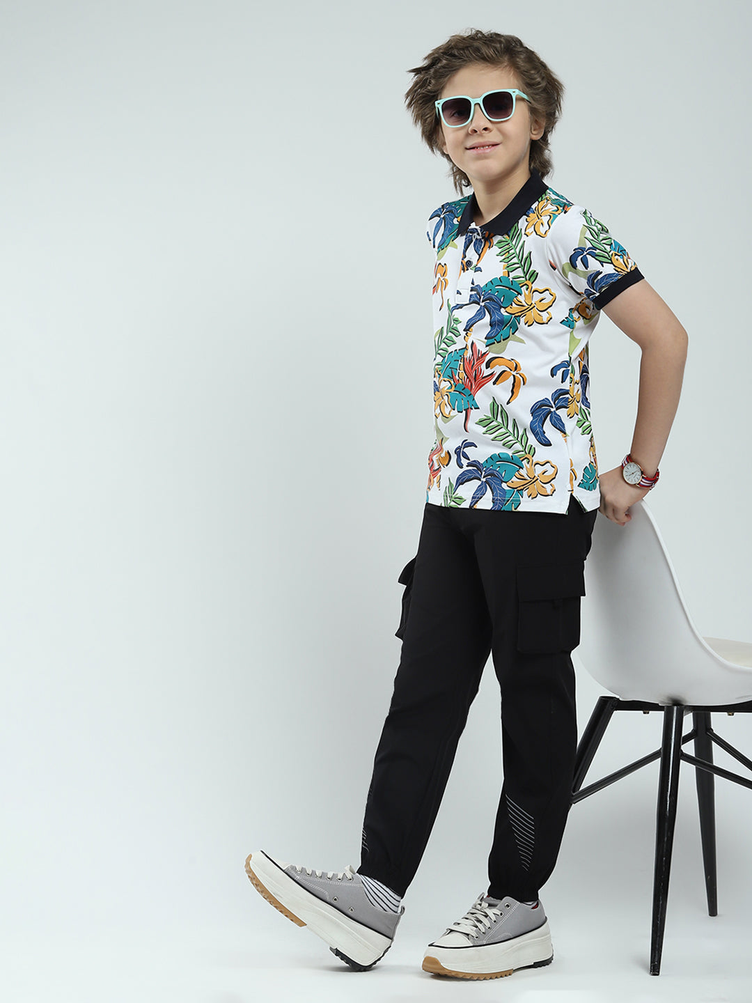 Boys White Printed Collar Half Sleeve T-Shirt