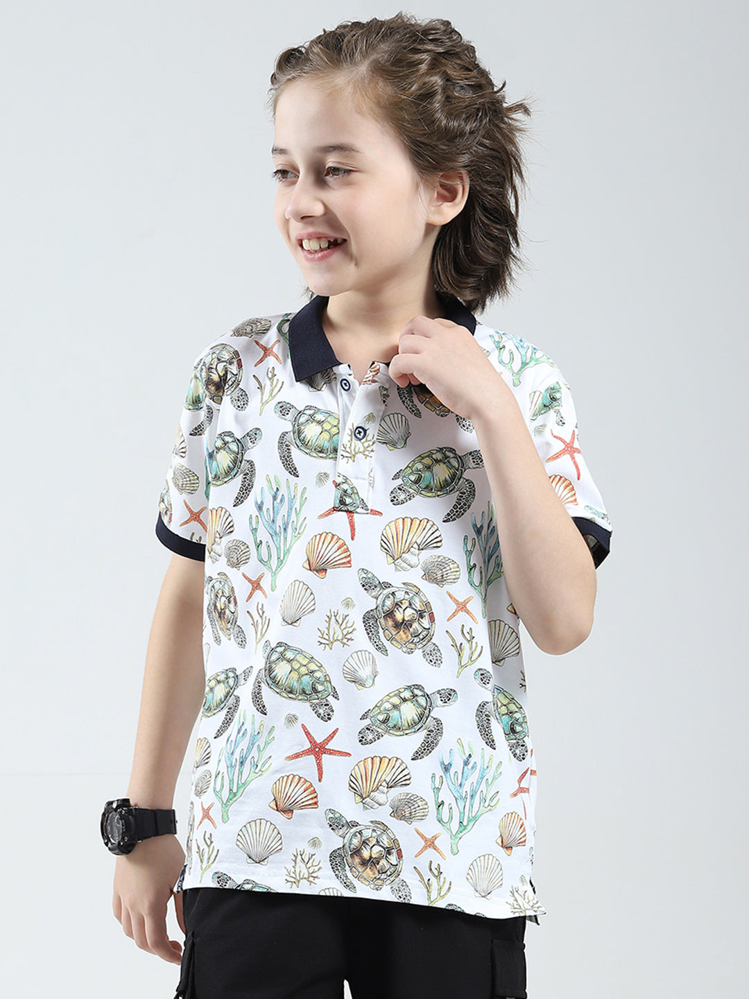 Boys White Printed Collar Half Sleeve T-Shirt