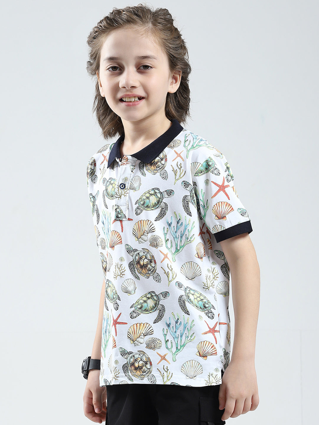 Boys White Printed Collar Half Sleeve T-Shirt