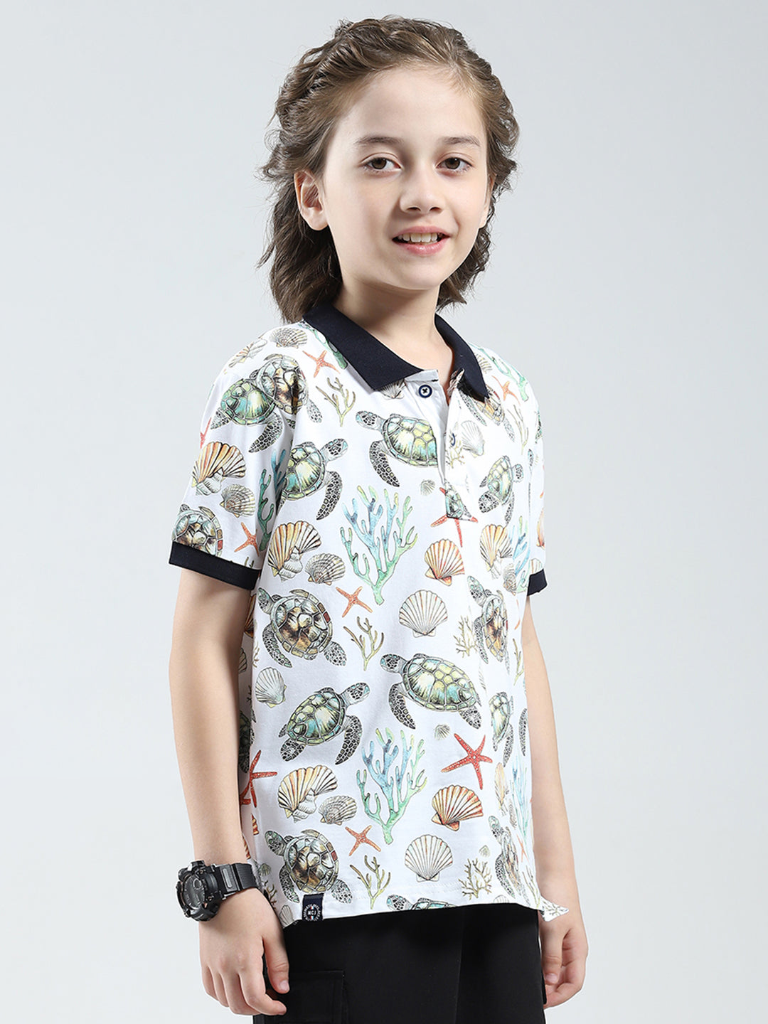 Boys White Printed Collar Half Sleeve T-Shirt