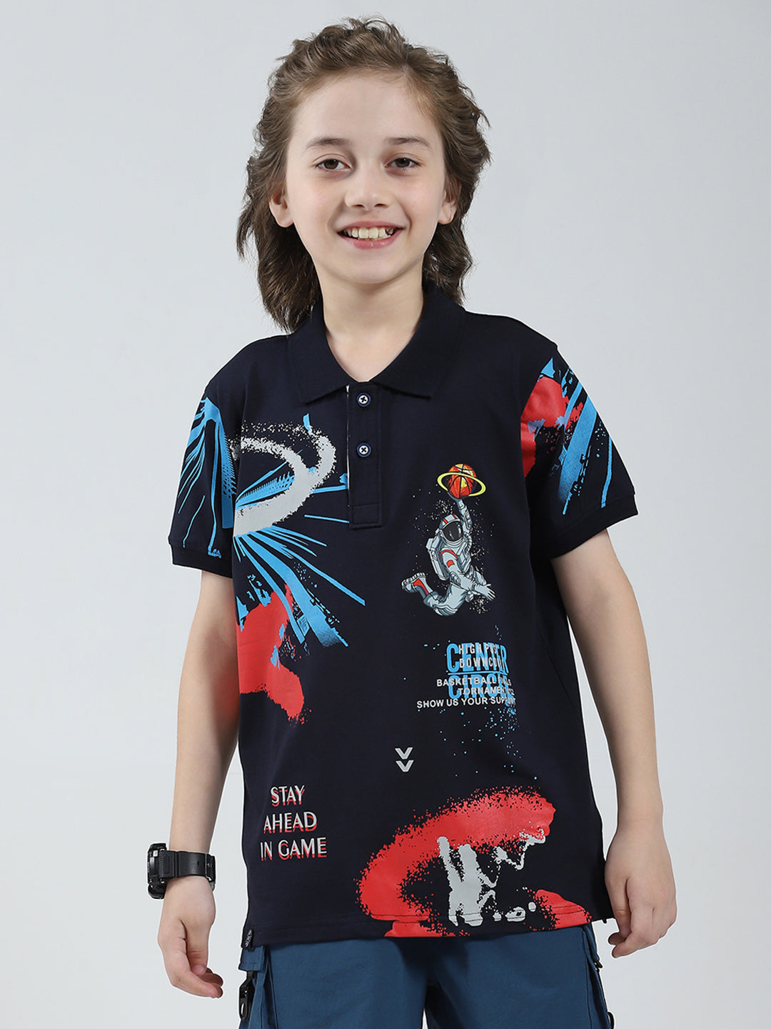 Boys Navy Blue Printed Collar Half Sleeve T-Shirt