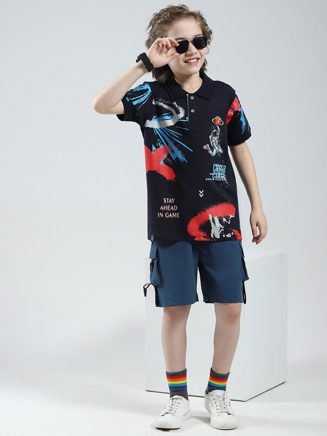Boys Navy Blue Printed Collar Half Sleeve T-Shirt