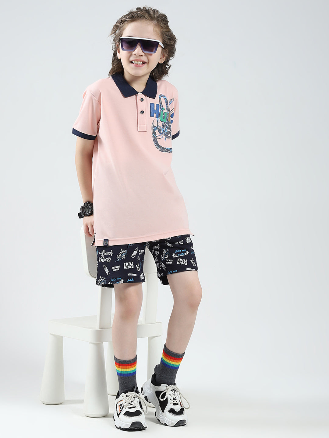 Boys Pink Printed Collar Half Sleeve T-Shirt