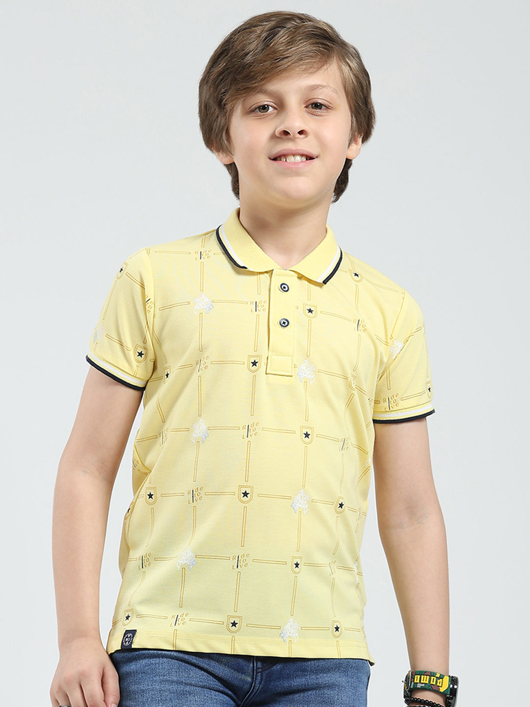 Boys Yellow Printed Collar Half Sleeve T-Shirt