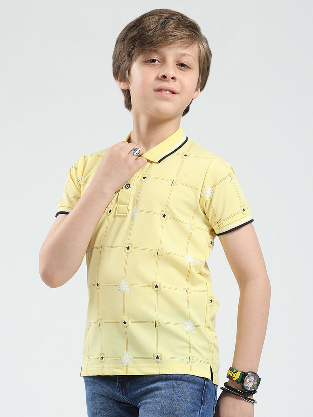Boys Yellow Printed Collar Half Sleeve T-Shirt