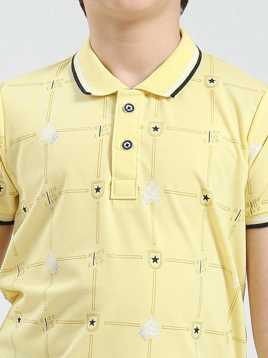 Boys Yellow Printed Collar Half Sleeve T-Shirt