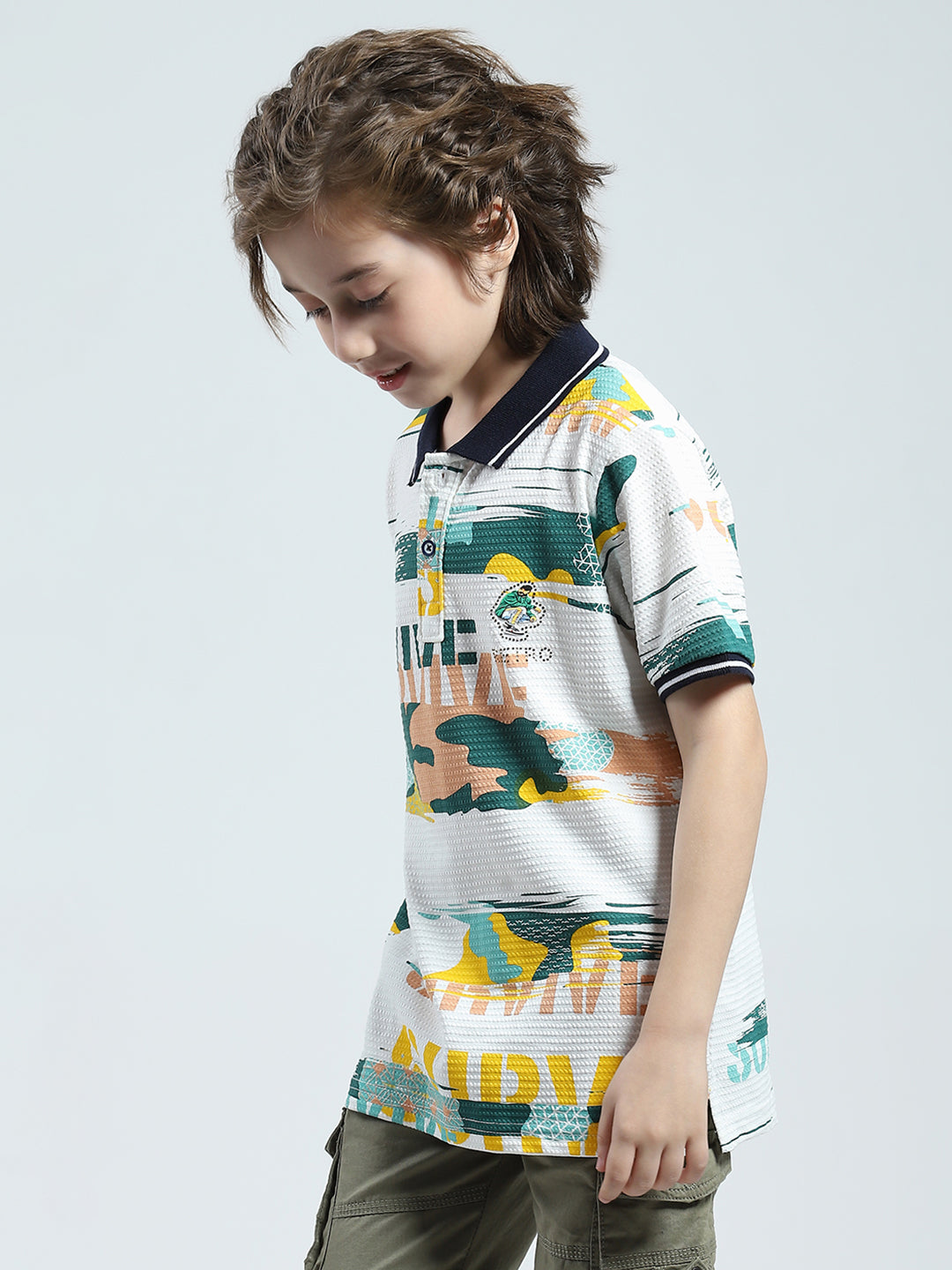 Boys White Printed Collar Half Sleeve T-Shirt