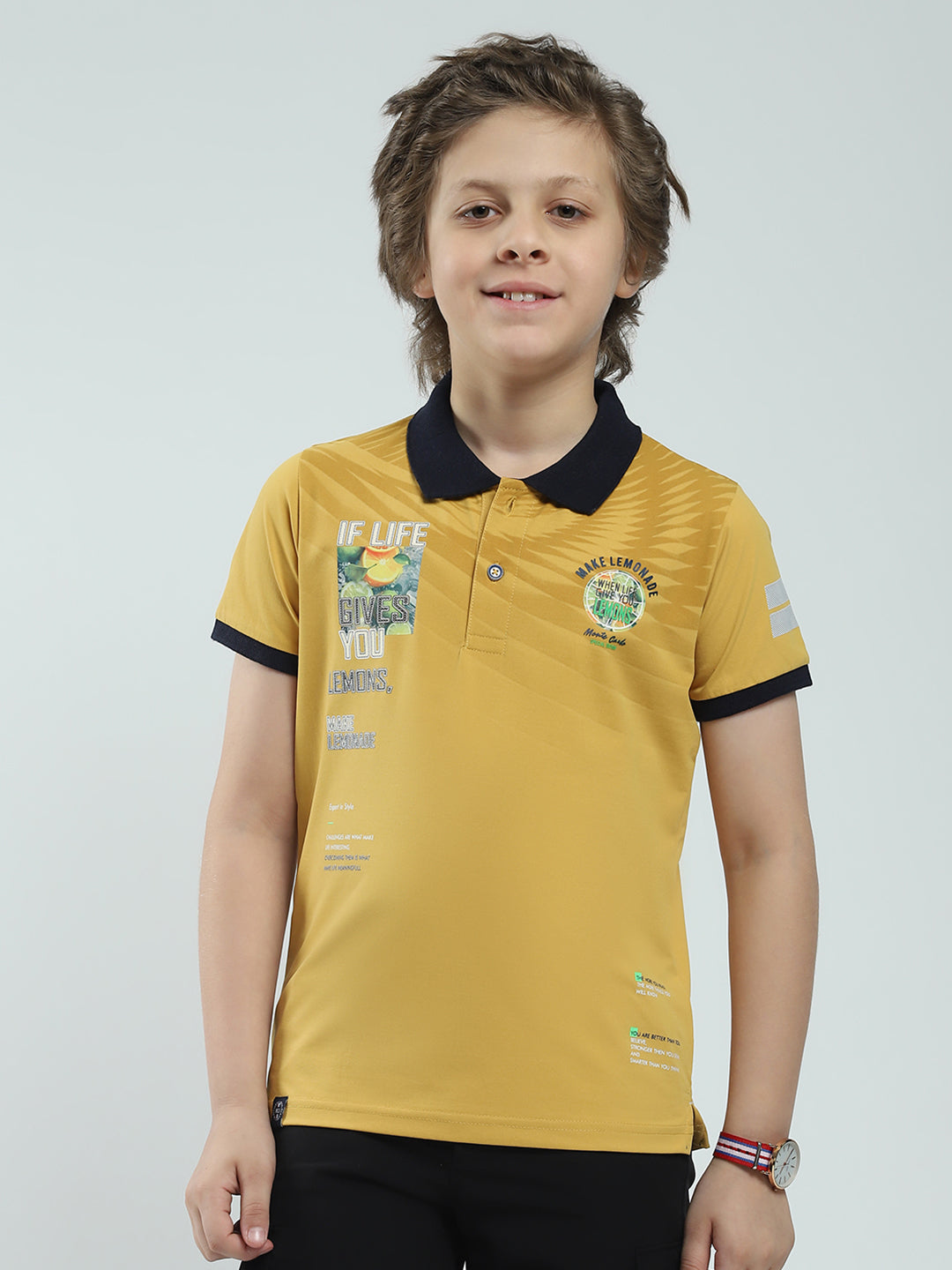 Boys Mustard Printed Collar Half Sleeve T-Shirt