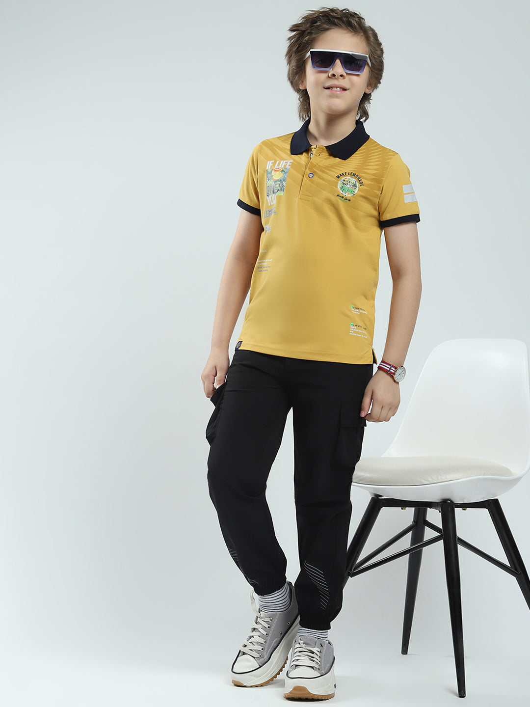 Boys Mustard Printed Collar Half Sleeve T-Shirt